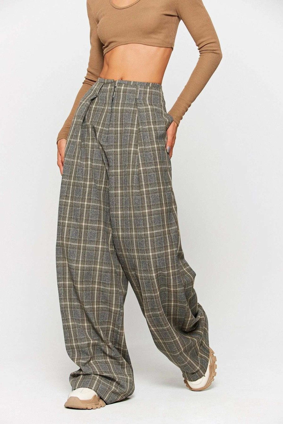 Pants * | Solado High Waist Check Print Ruched Straight Pants Gray