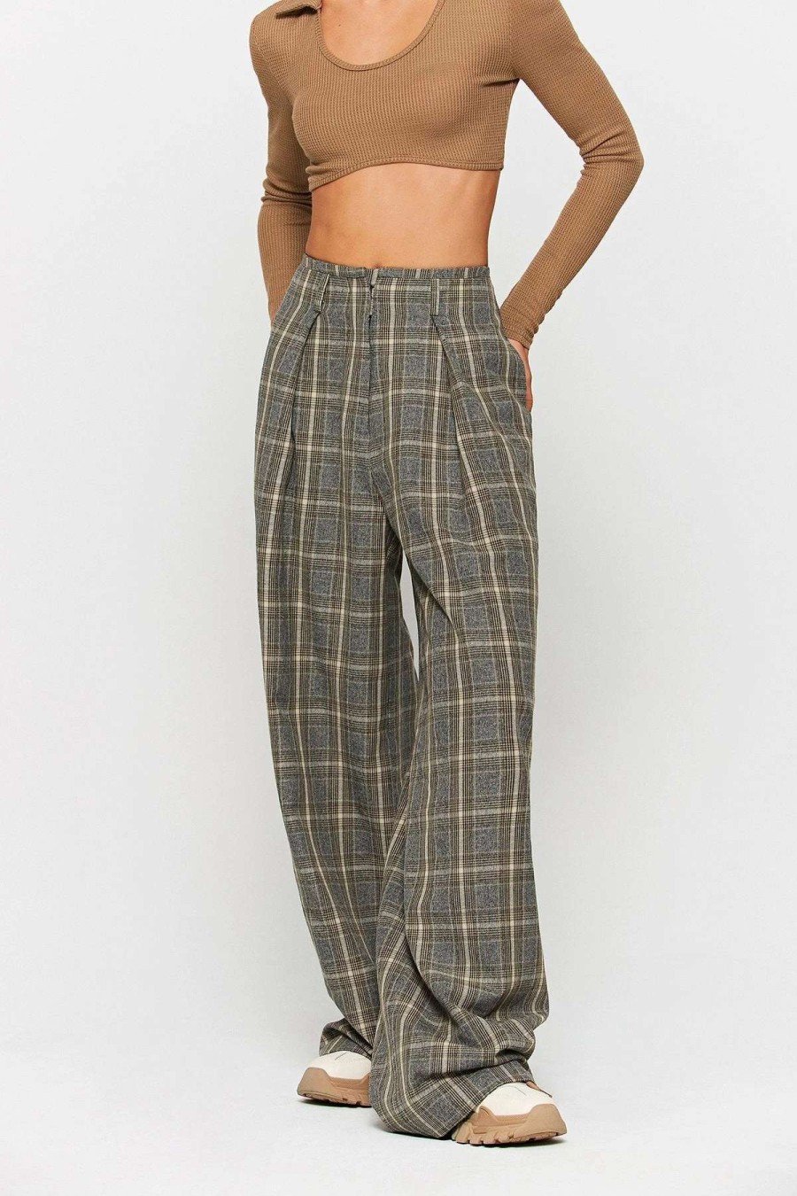 Pants * | Solado High Waist Check Print Ruched Straight Pants Gray