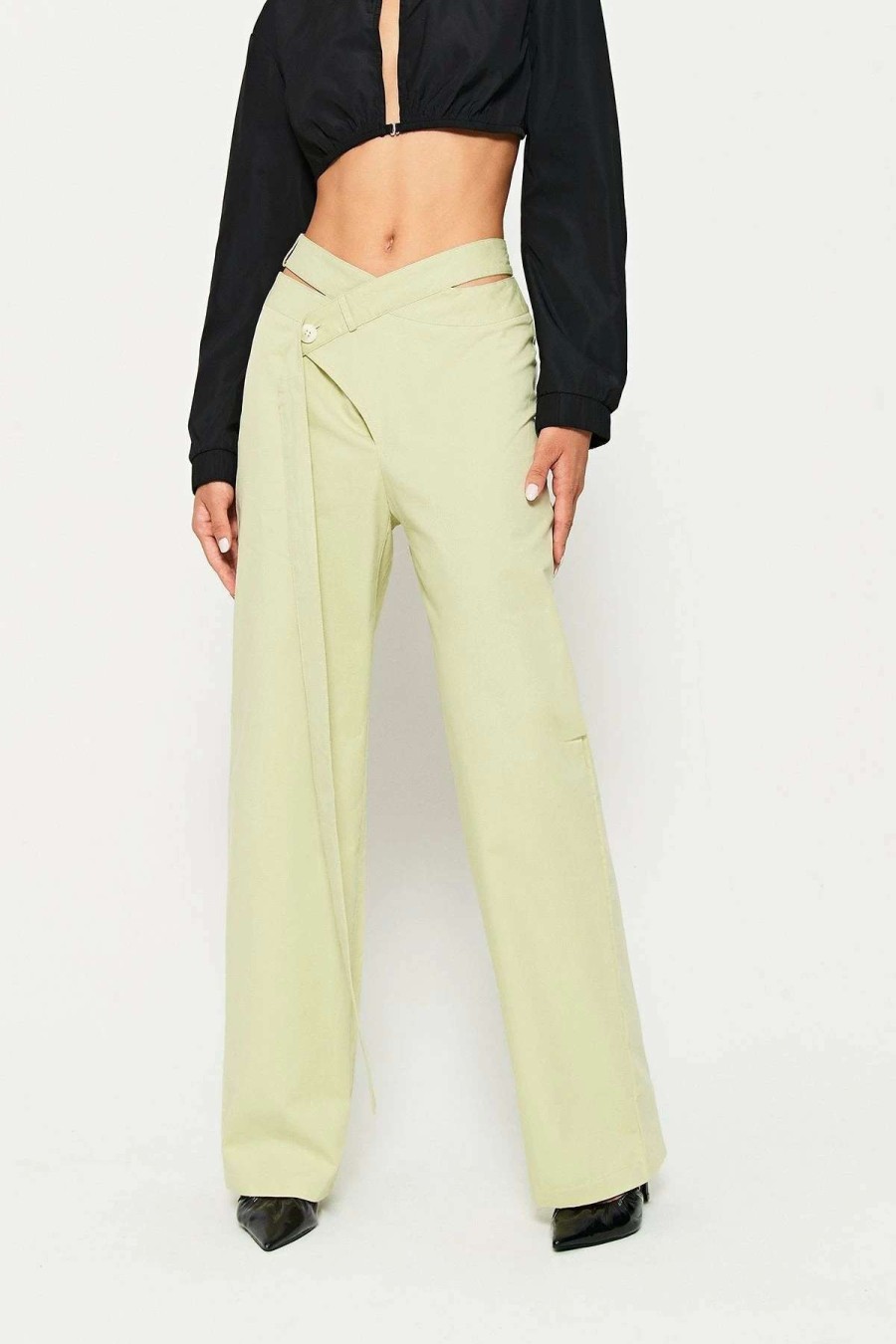 Pants * | Solado Cut Out Asymmetrical Waist Solid Straight Pants Palegreen