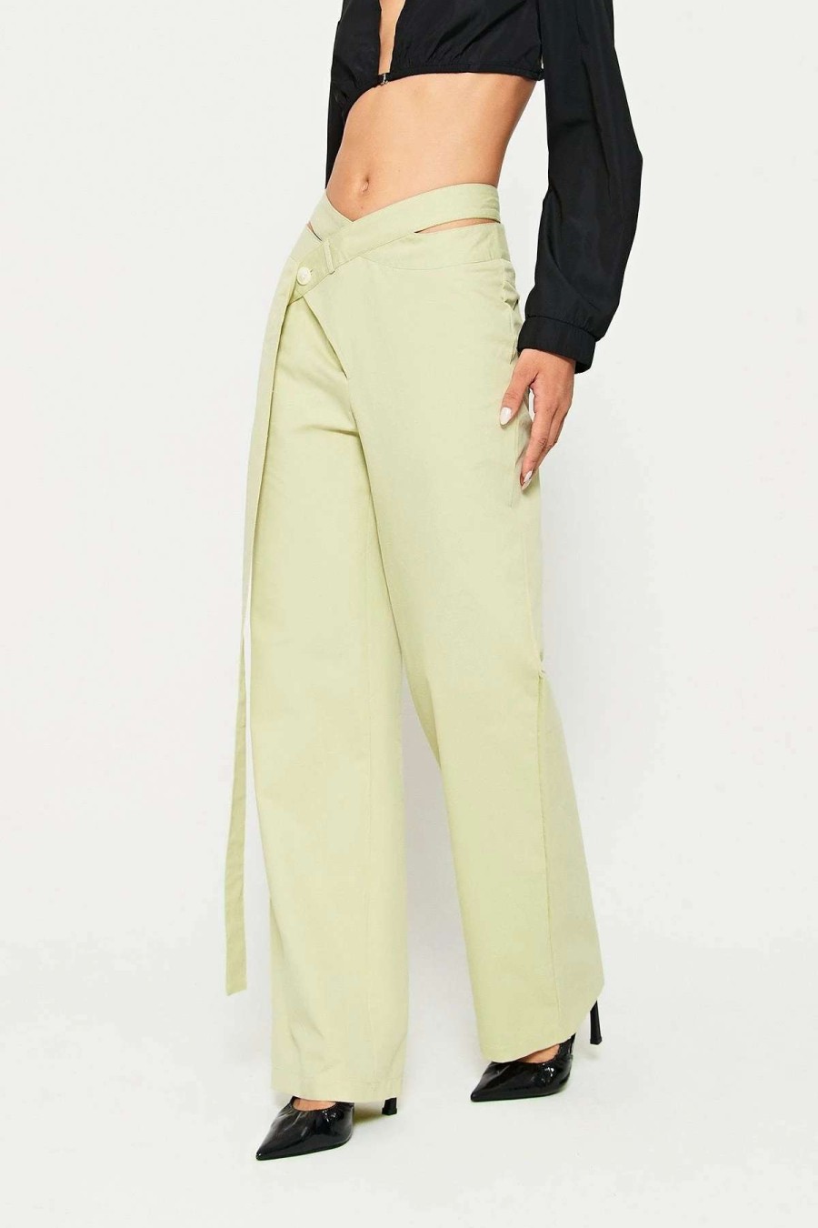 Pants * | Solado Cut Out Asymmetrical Waist Solid Straight Pants Palegreen