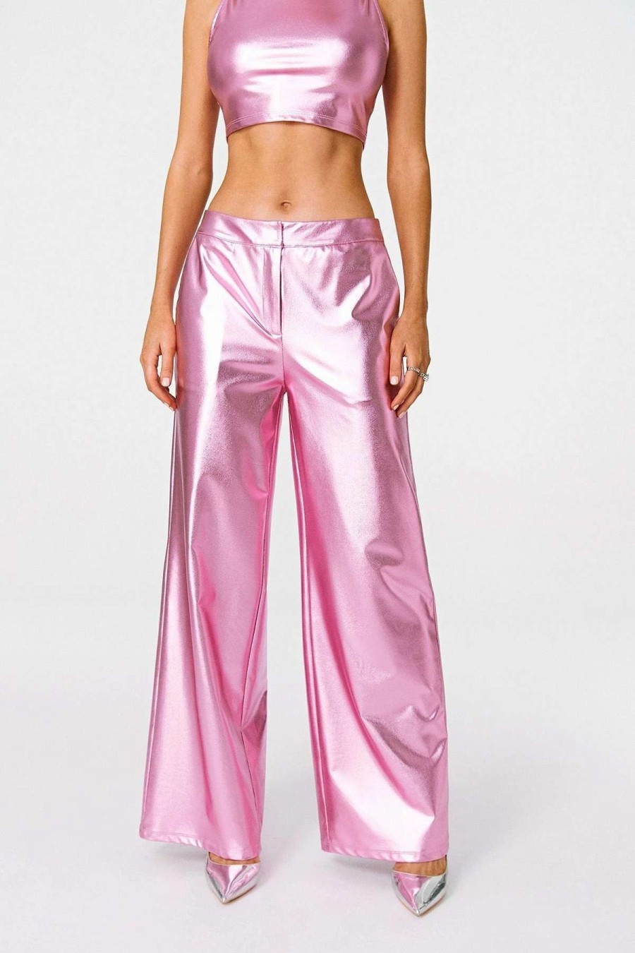 Pants * | Solado Vinyl Low Waist Sheen Wide Leg Pants Pink