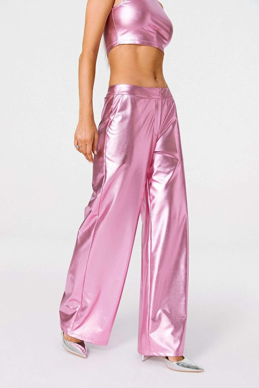 Pants * | Solado Vinyl Low Waist Sheen Wide Leg Pants Pink