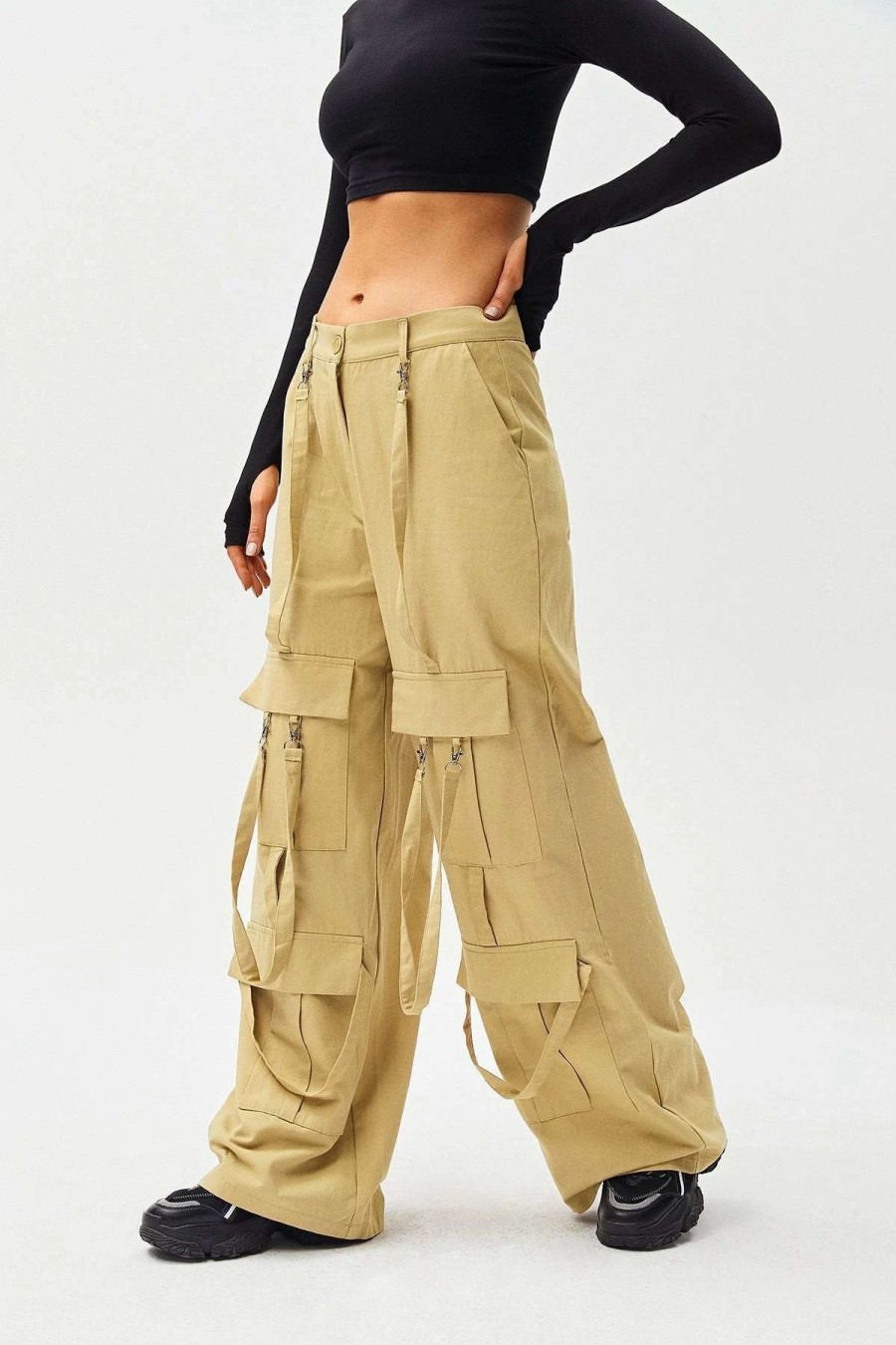 Pants * | Solado Low Waist Buckled Decor Pocket Patched Cargo Pants Khaki