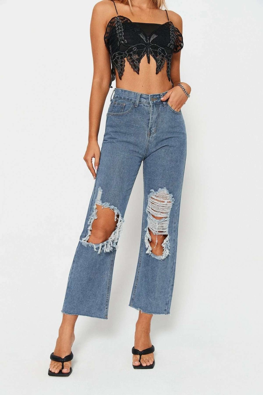 Denim Bottoms * | Solado High Waist Dual Pocket Ripped Jeans Steelblue