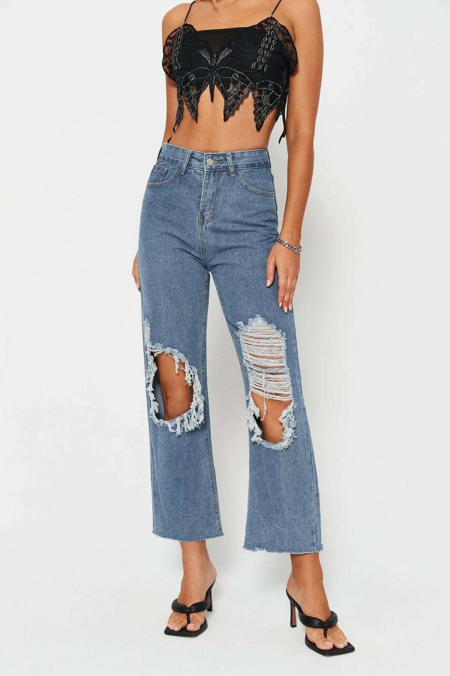 Denim Bottoms * | Solado High Waist Dual Pocket Ripped Jeans Steelblue