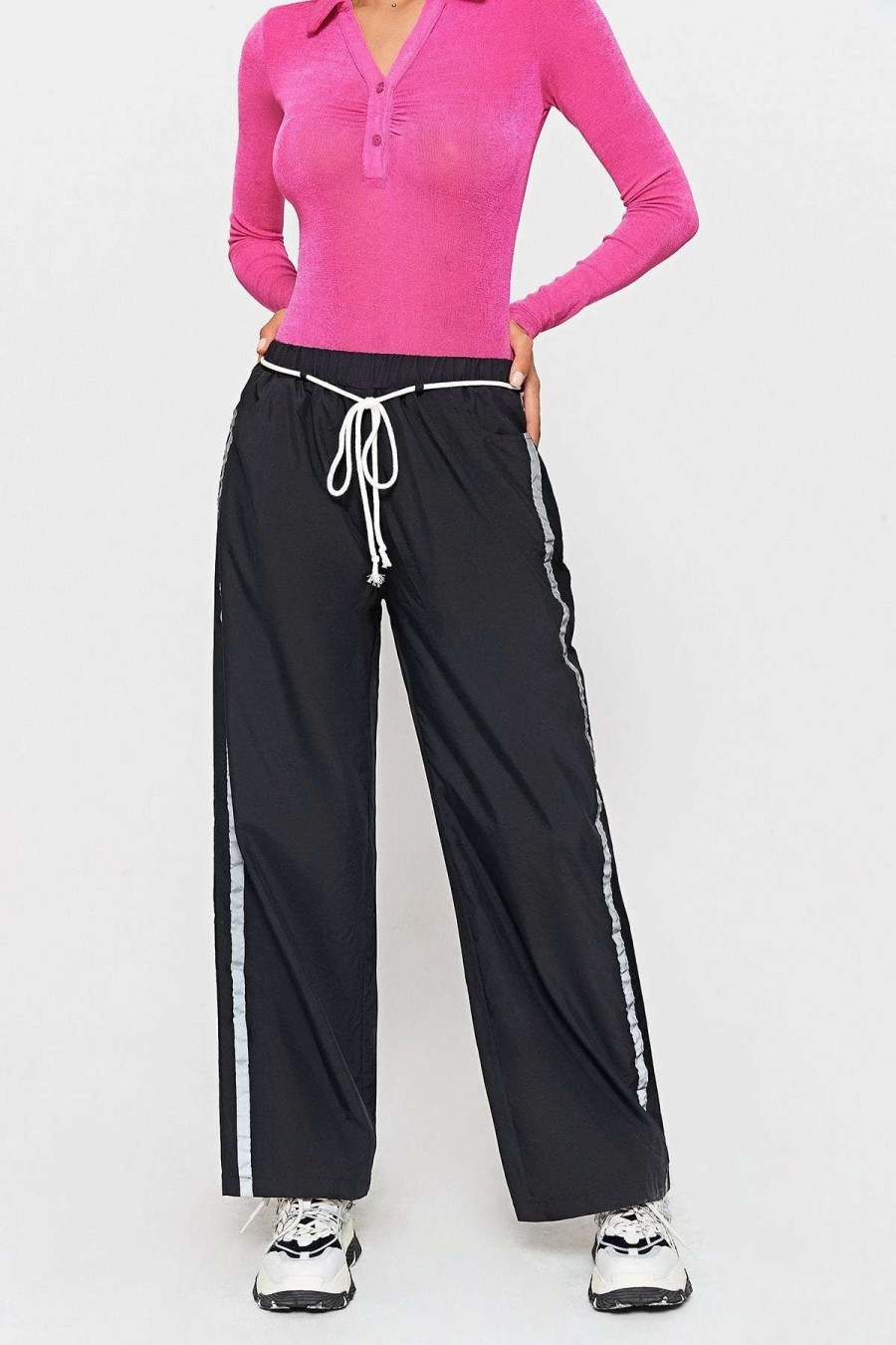 Pants * | Solado High Waist Drawstring Colorblock Wide Leg Pants Black