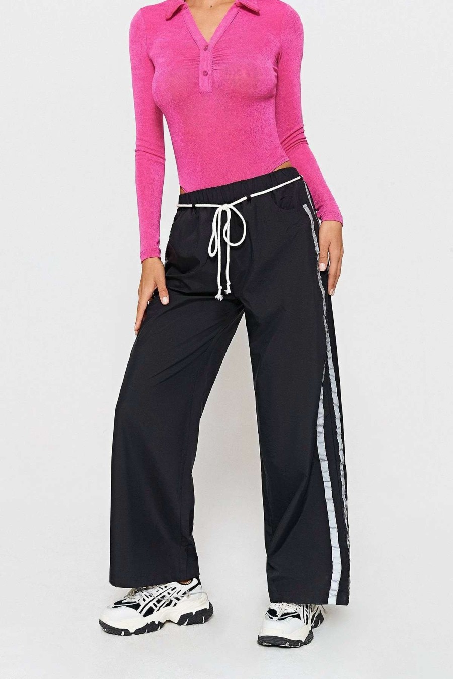 Pants * | Solado High Waist Drawstring Colorblock Wide Leg Pants Black