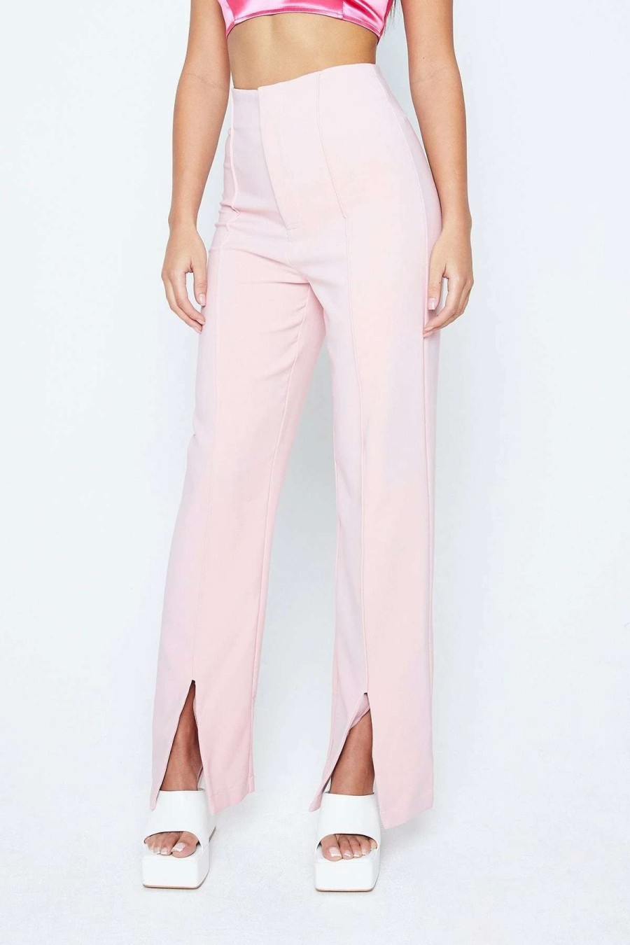 Pants * | Solado High Waist Seam Detail Split Hem Straight Pants Pink