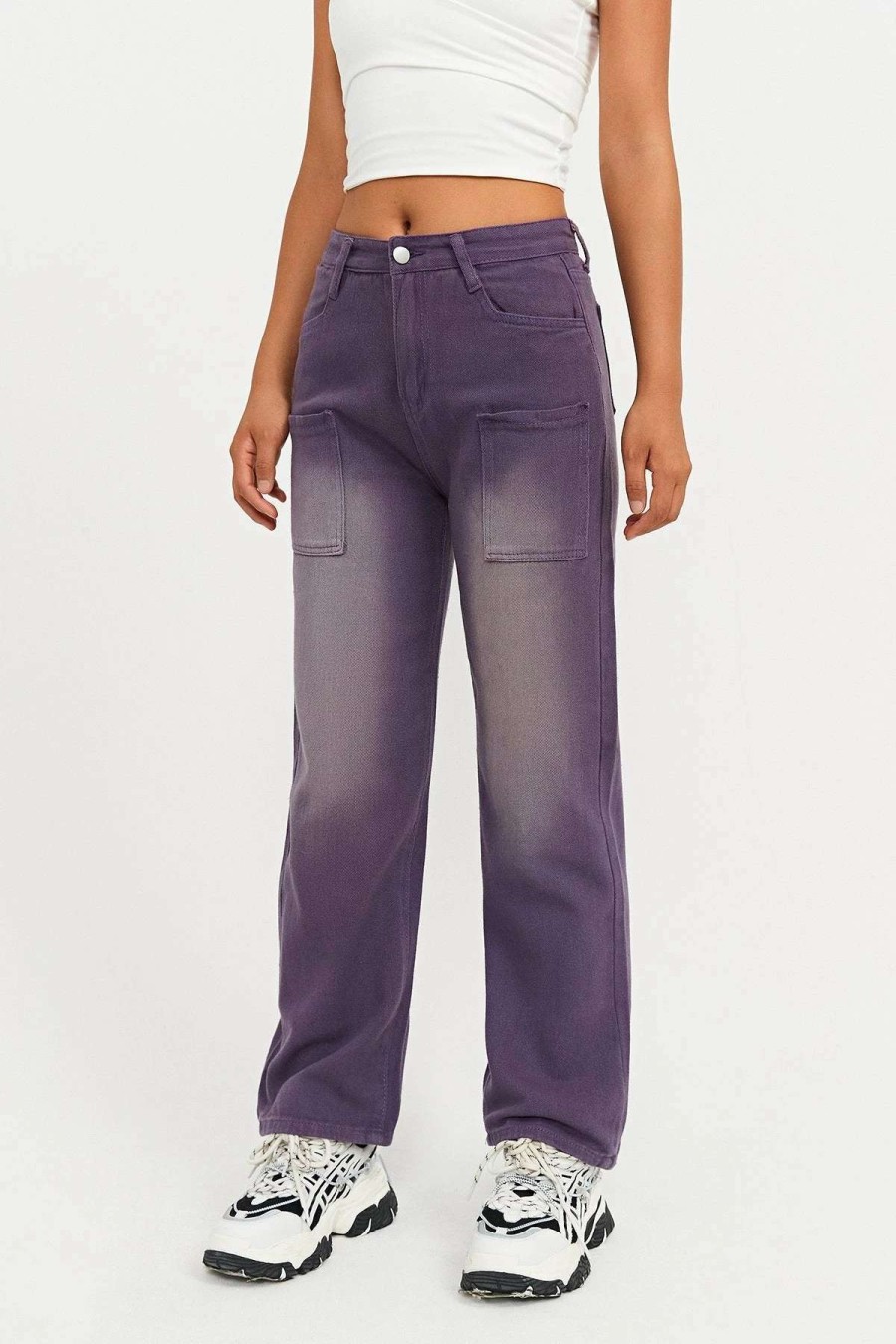 Denim Bottoms * | Solado High Waist Washed Pocket Patched Straight Leg Jeans Purple