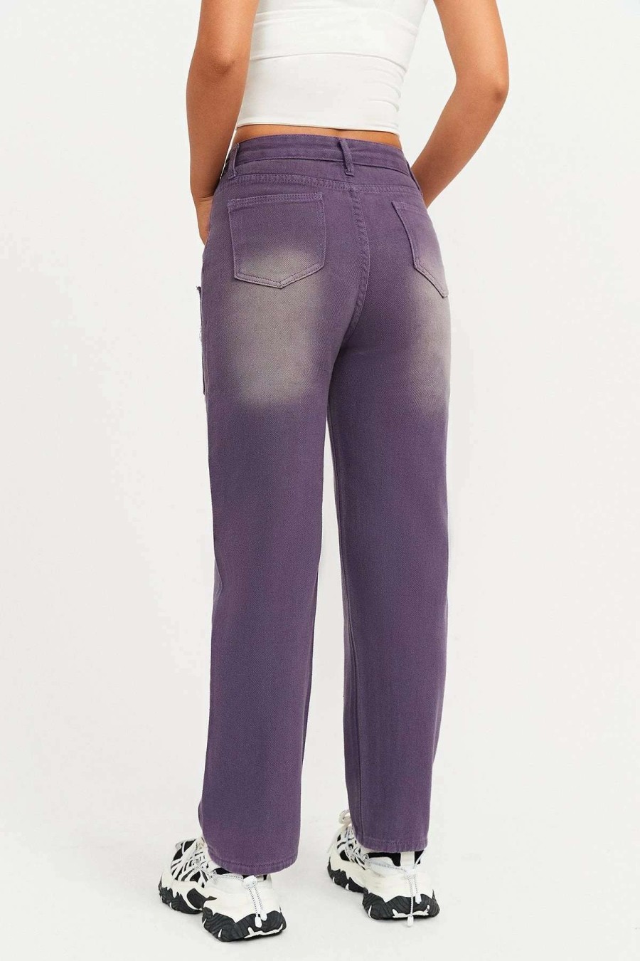 Denim Bottoms * | Solado High Waist Washed Pocket Patched Straight Leg Jeans Purple