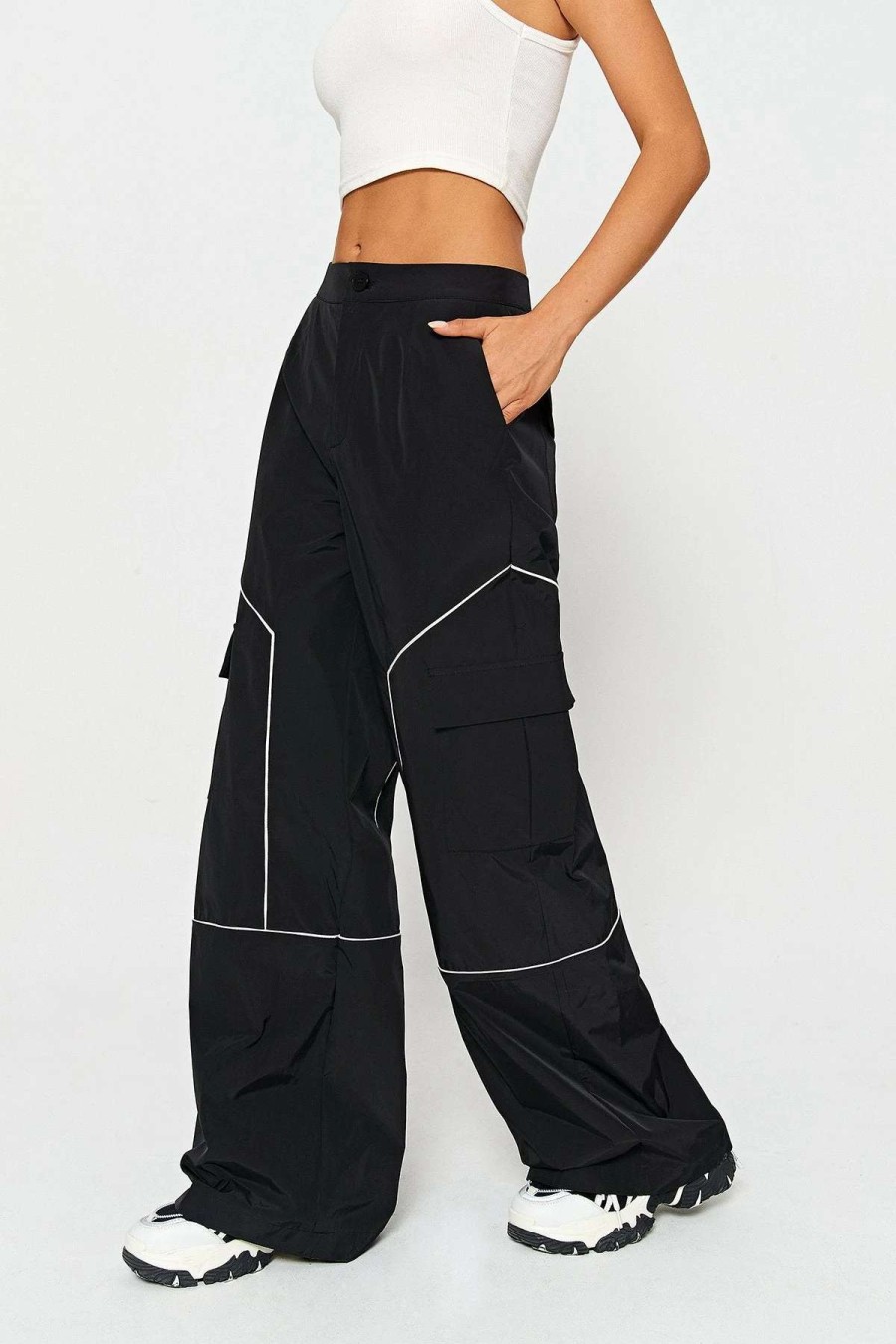 Pants * | Solado Colorblock Dual Pocket Cargo Wide Leg Pants Black