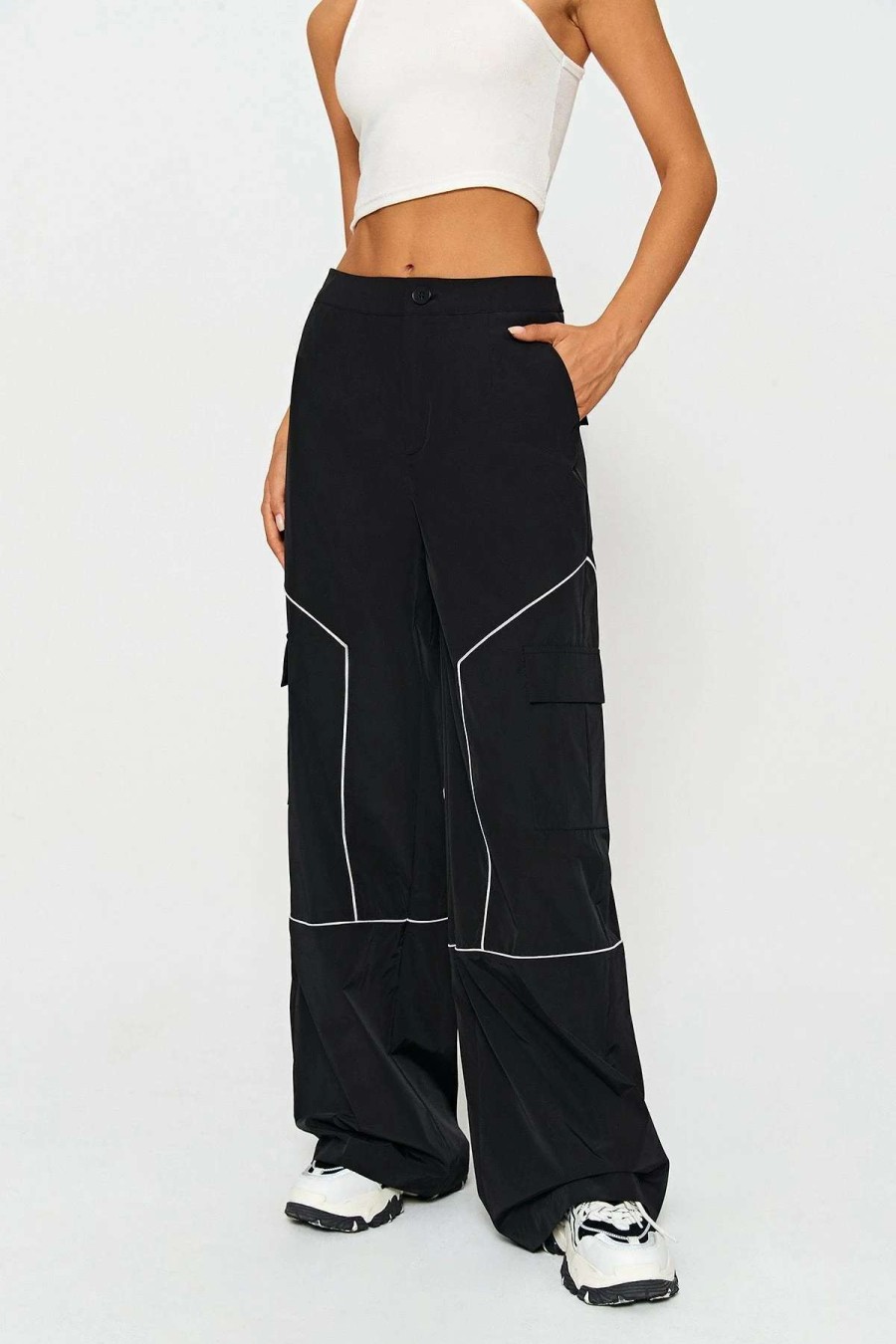 Pants * | Solado Colorblock Dual Pocket Cargo Wide Leg Pants Black