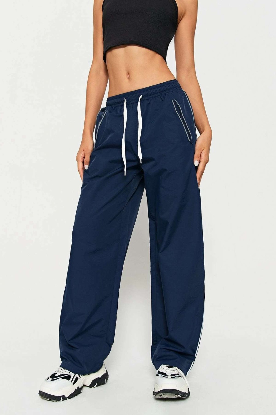 Pants * | Solado Drawstring Waist Colorblock Trim Zipper Pocket Joggers Darkblue