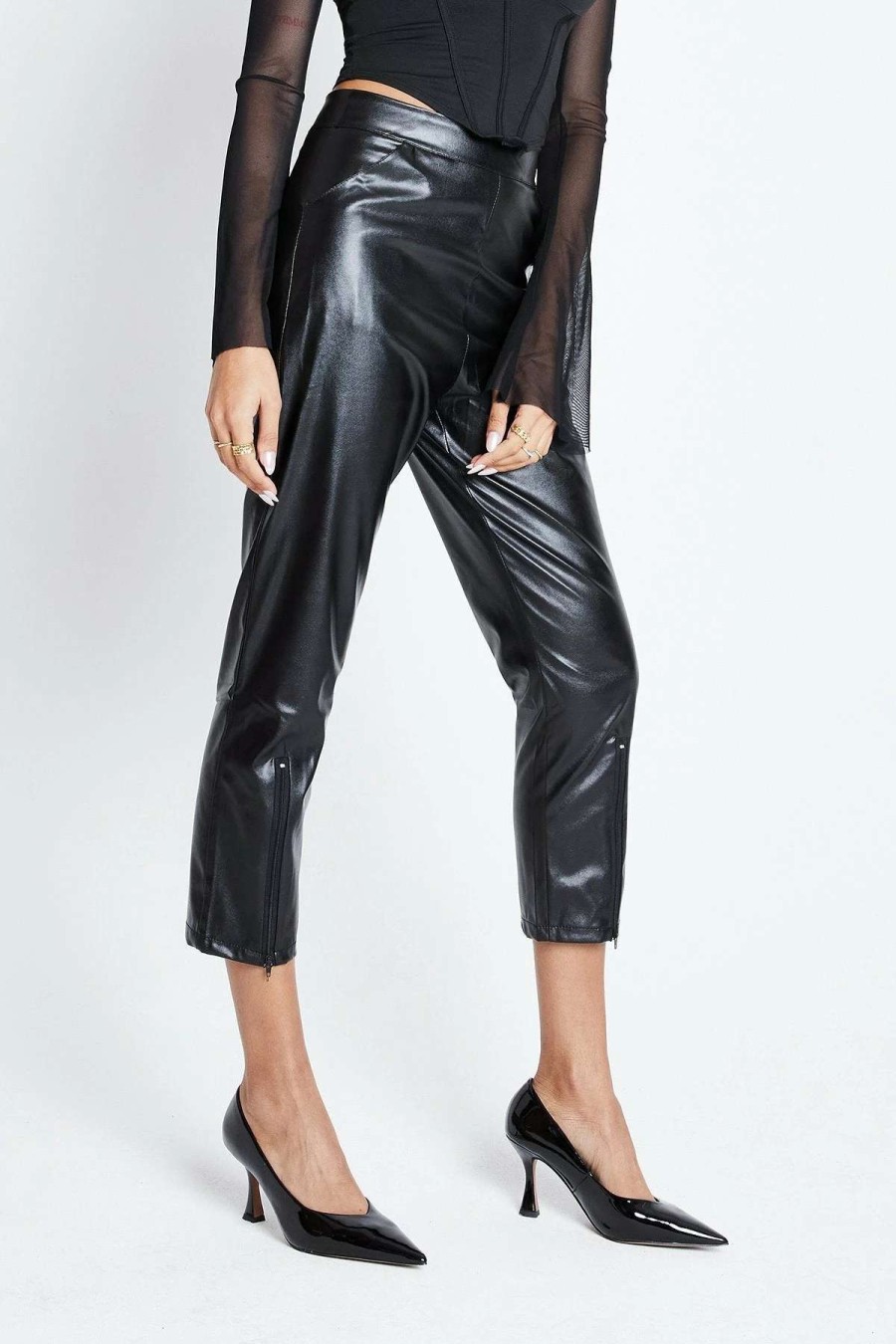 Pants * | Solado High Waist Zipper Decor Split Hem Pu Leather Pants Black