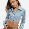 Denim Tops * | Solado Lapel Neck Curved Hem Denim Long Sleeve Top Lightblue