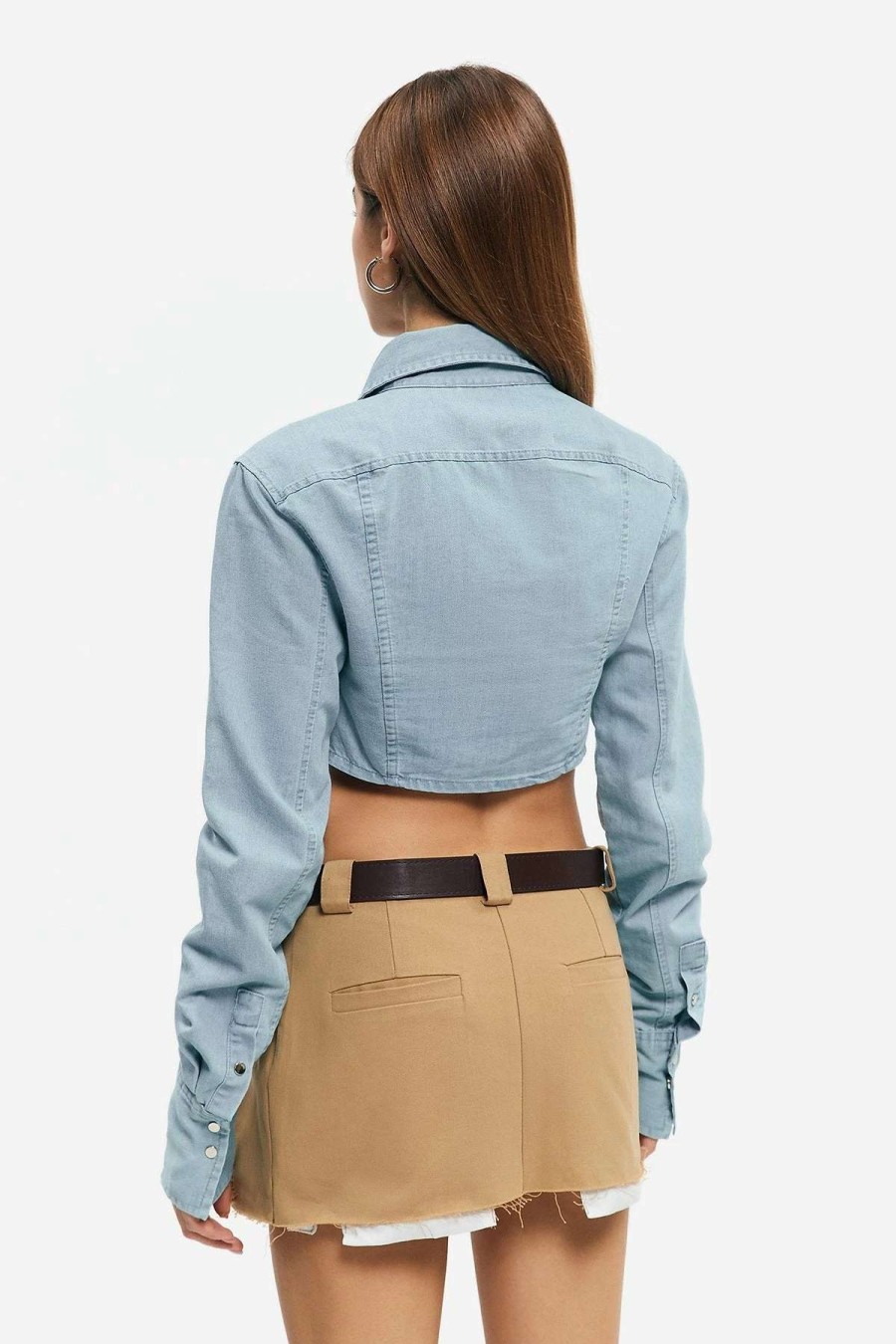 Denim Tops * | Solado Lapel Neck Curved Hem Denim Long Sleeve Top Lightblue