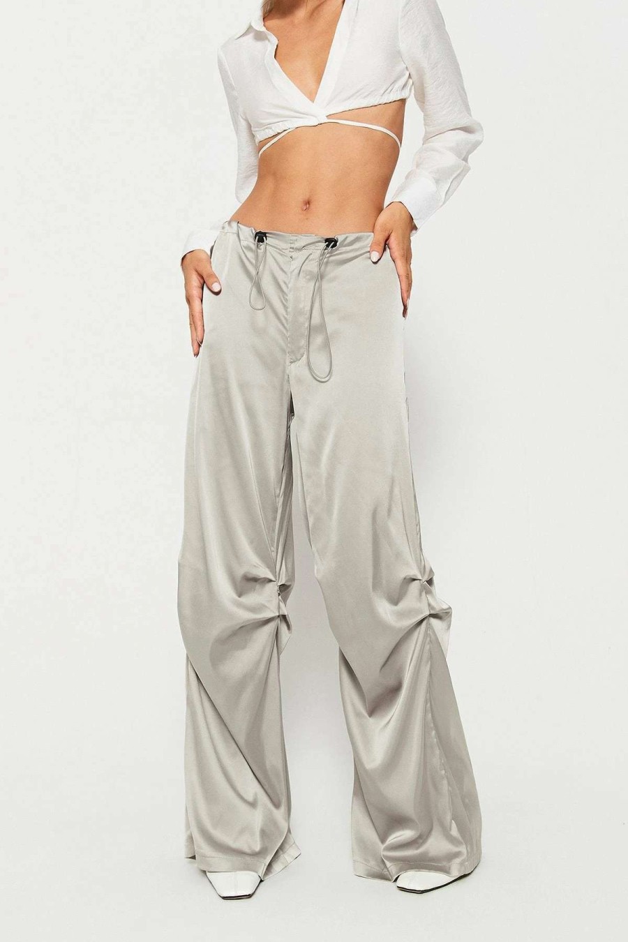 Pants * | Solado Satin Drawstring Waist Ruched Wide Leg Pants Lightgray