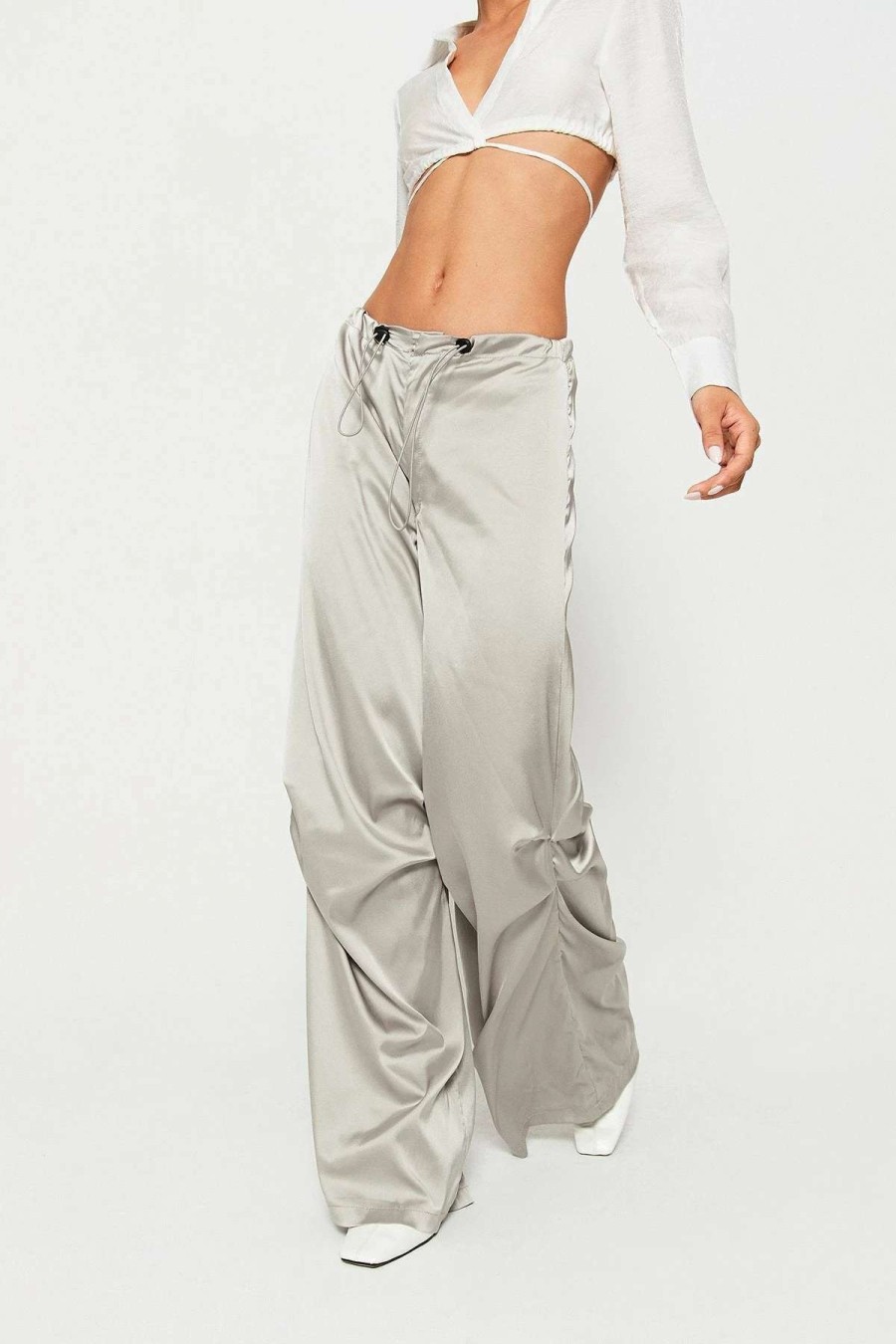 Pants * | Solado Satin Drawstring Waist Ruched Wide Leg Pants Lightgray