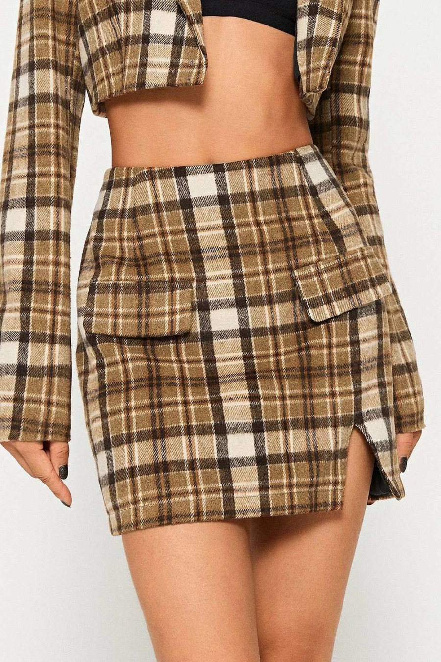 Skirts * | Solado High Waist Check Print Split Hem Mini Skirt Darkkhaki