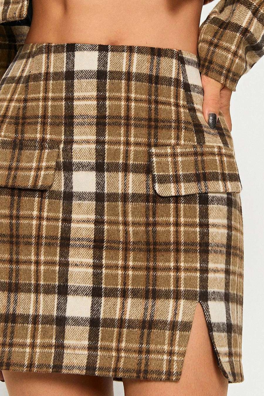 Skirts * | Solado High Waist Check Print Split Hem Mini Skirt Darkkhaki