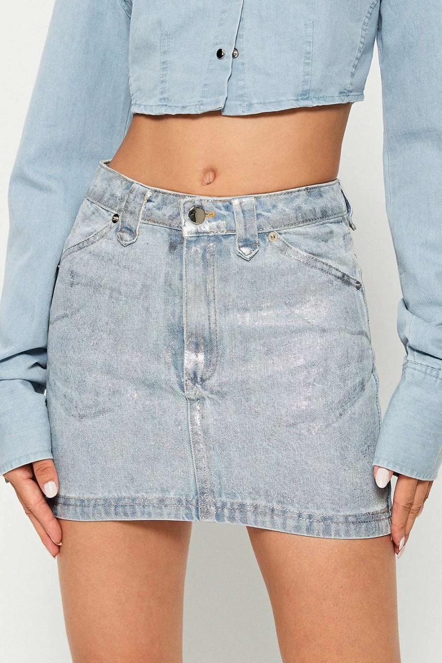 Skirts * | Solado High Waist Zipper Front Vinyl Mini Skirt Lightblue