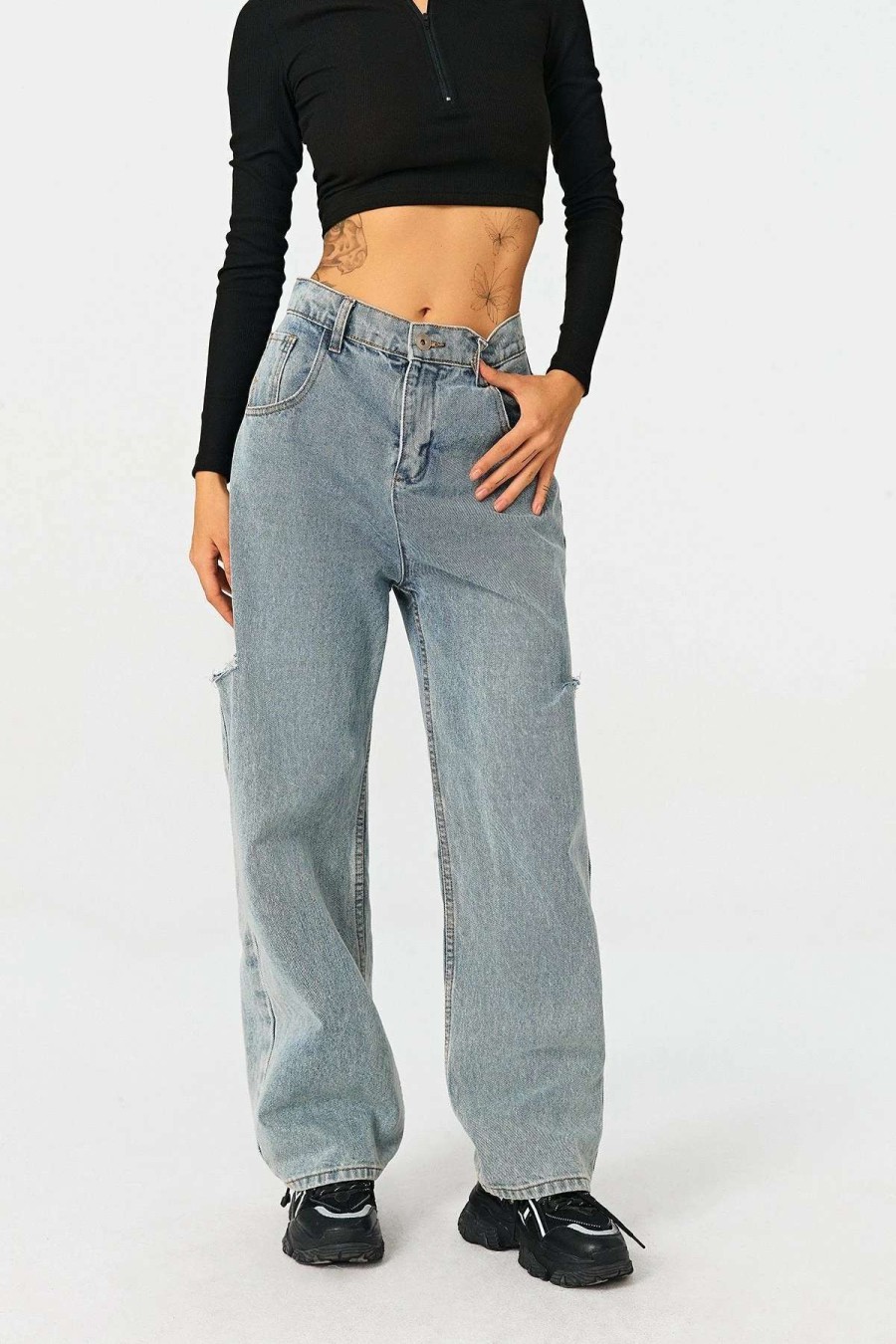 Denim Bottoms * | Solado High Waist Cut Out Dual Pocket Straight Leg Jeans Lightsteelblue