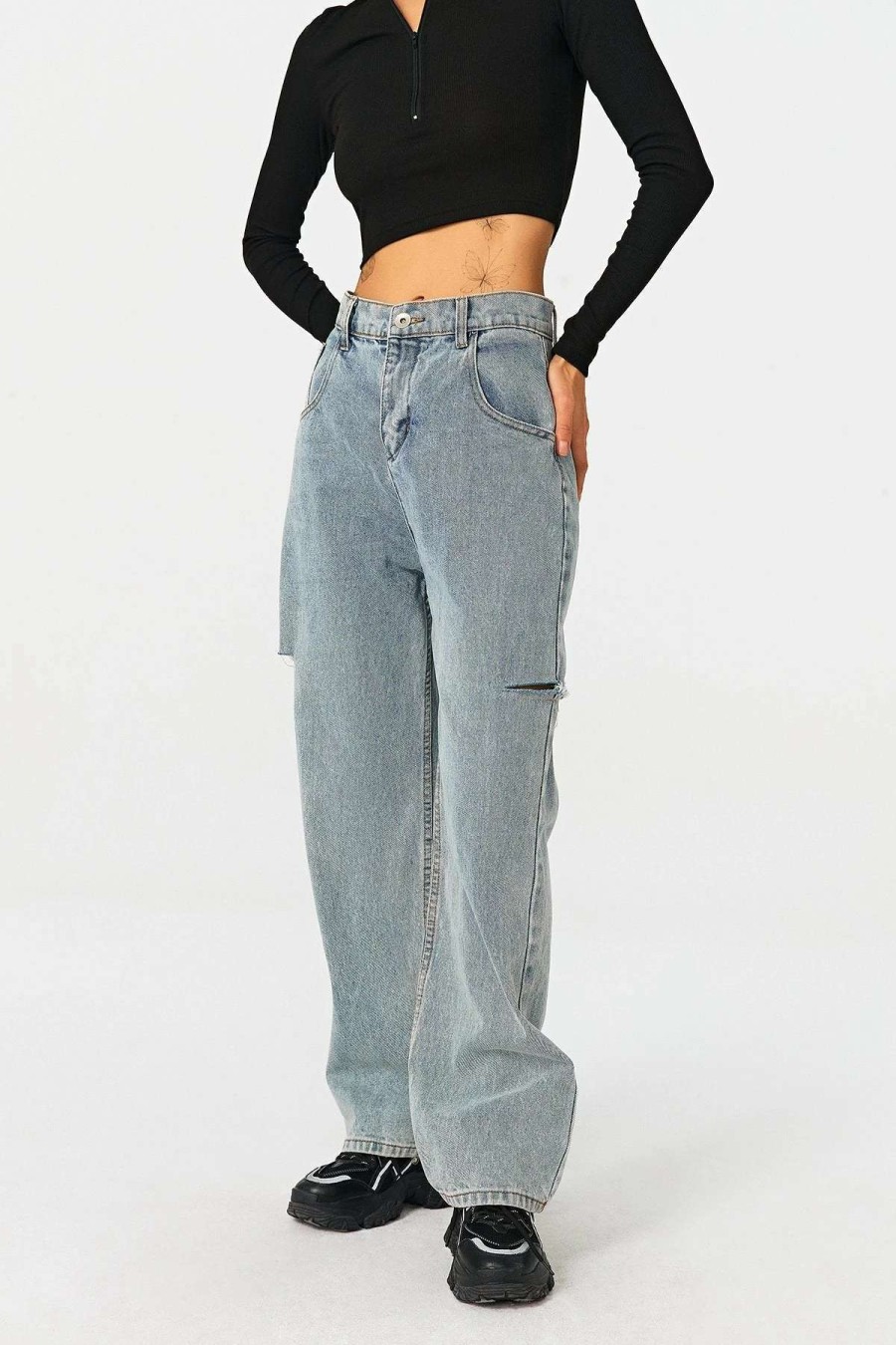 Denim Bottoms * | Solado High Waist Cut Out Dual Pocket Straight Leg Jeans Lightsteelblue