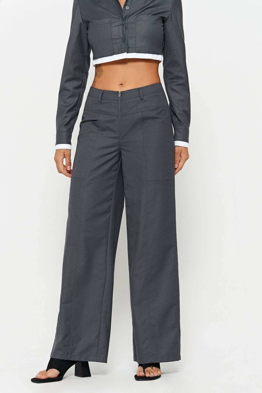 Pants * | Solado Zipper Front Dual Pocket Draped Suit Pants Gray