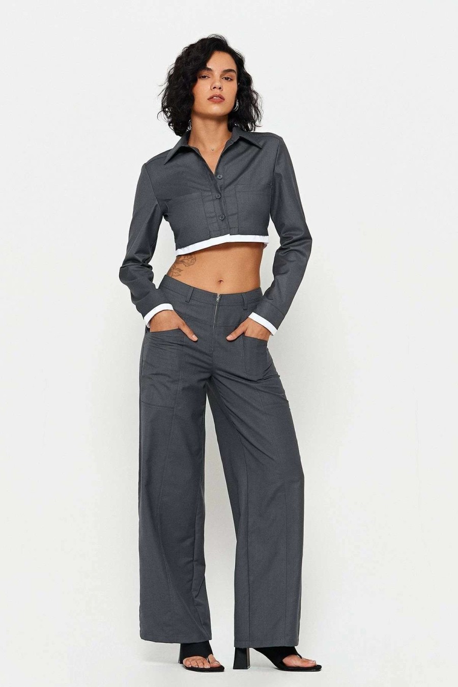 Pants * | Solado Zipper Front Dual Pocket Draped Suit Pants Gray