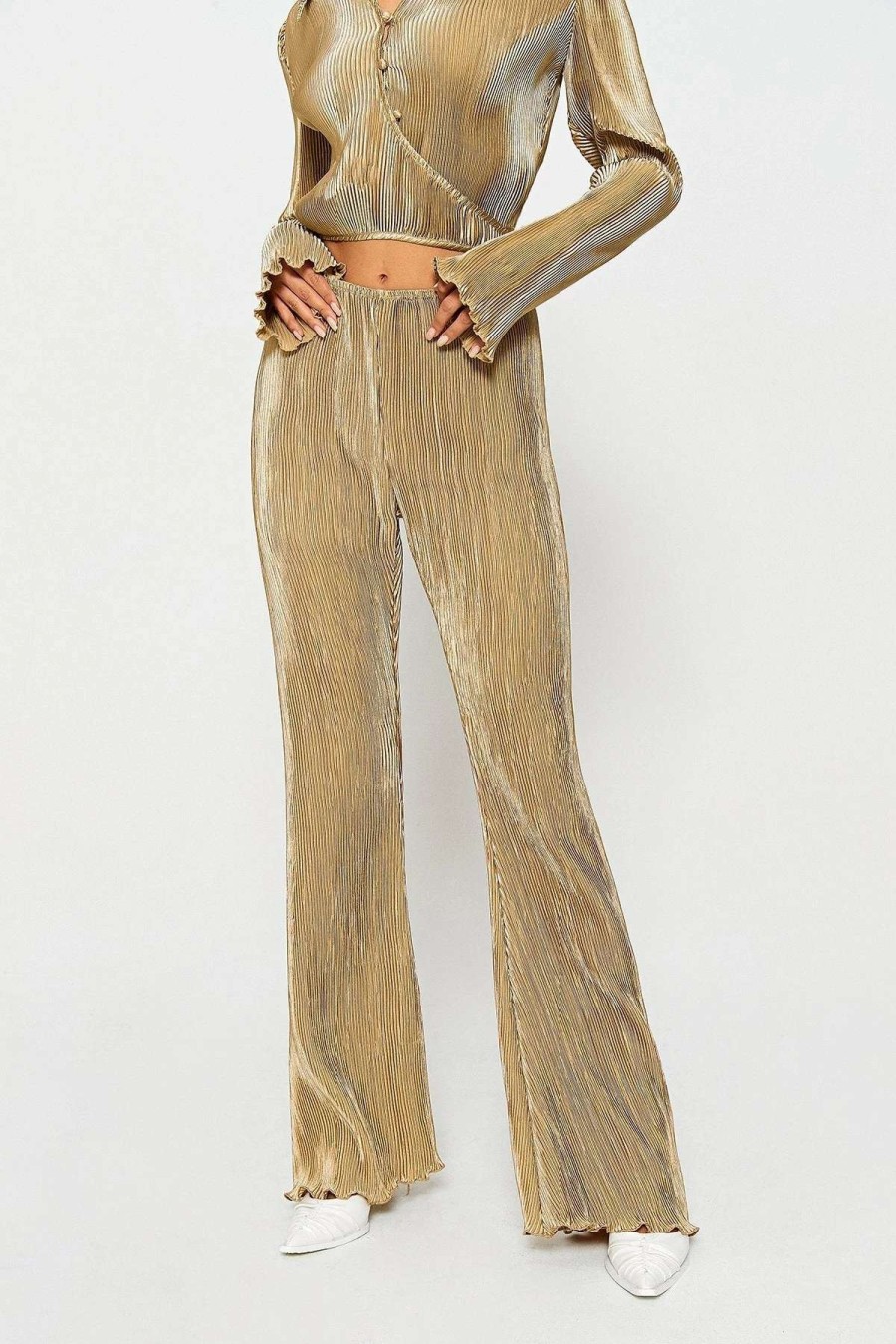 Pants * | Solado Low Waist Pleat Solid Flared Pants Darkkhaki