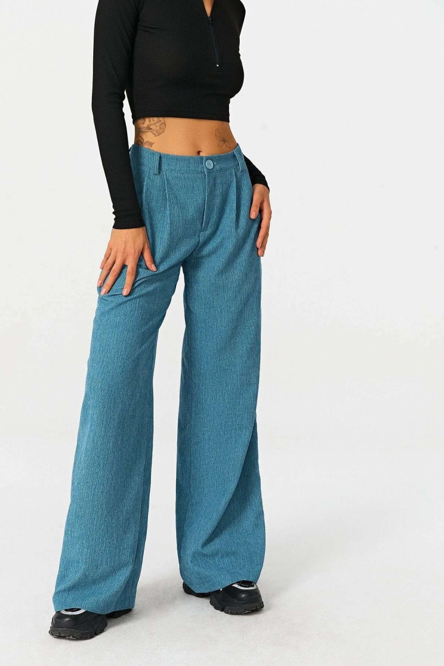 Pants * | Solado Low Waist Ruched Draped Wide Leg Pants Cadetblue