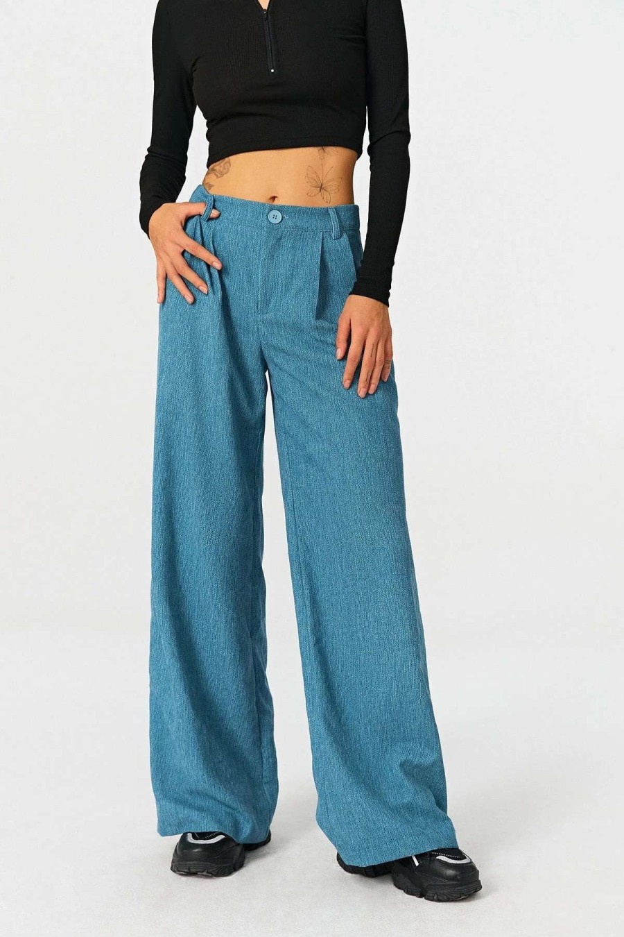 Pants * | Solado Low Waist Ruched Draped Wide Leg Pants Cadetblue