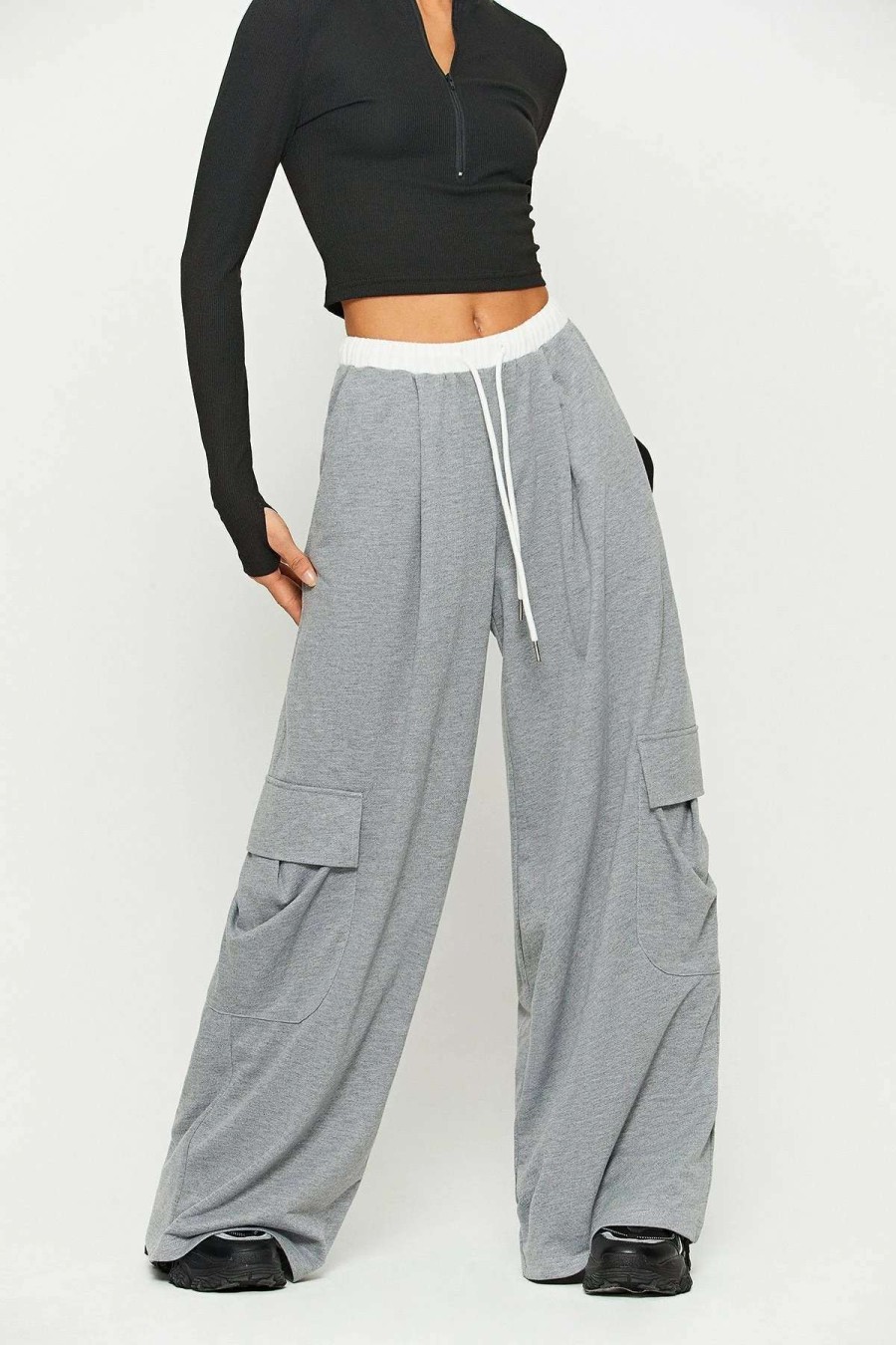 Pants * | Solado Colorblock Drawstring Waist Pocket Patched Wide Leg Pants Gray