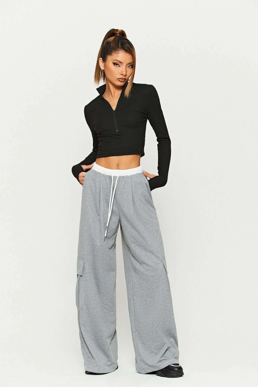 Pants * | Solado Colorblock Drawstring Waist Pocket Patched Wide Leg Pants Gray