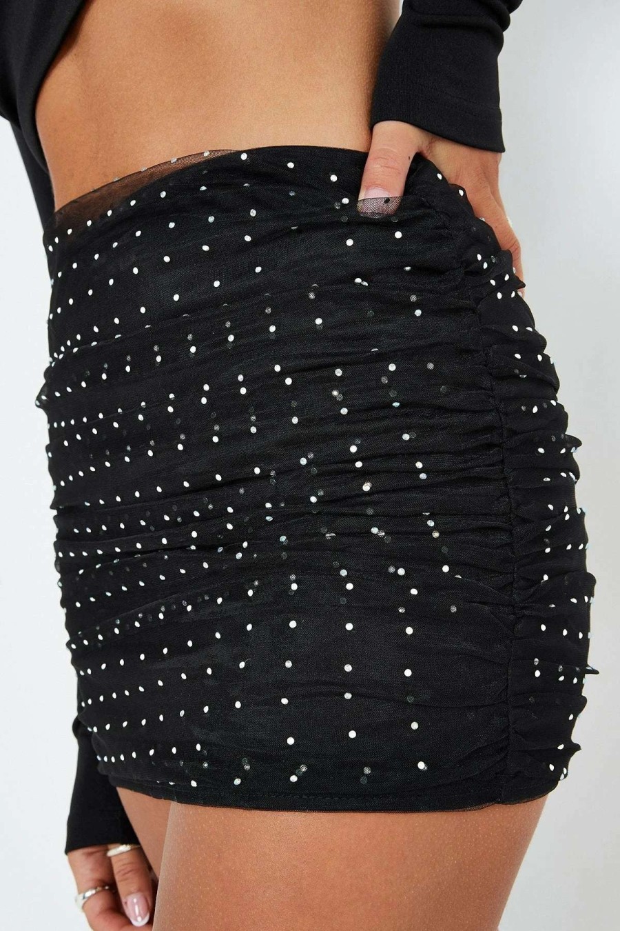 Skirts * | Solado Rhinestone Decor Mesh Ruched Mini Skirt Black