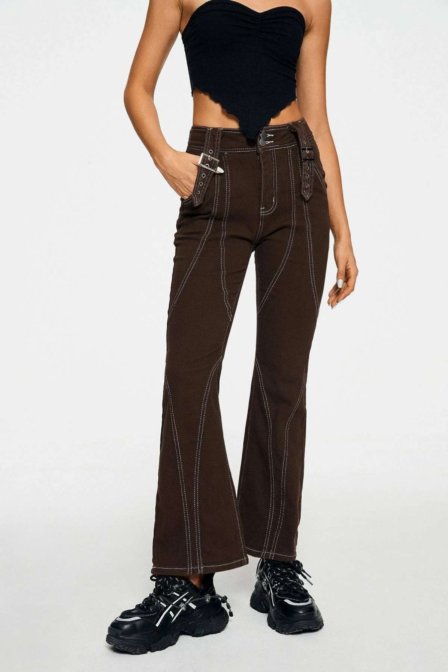 Denim Bottoms * | Solado Low Waist Top-Stitching Buckled Decor Straight Leg Jeans Brown