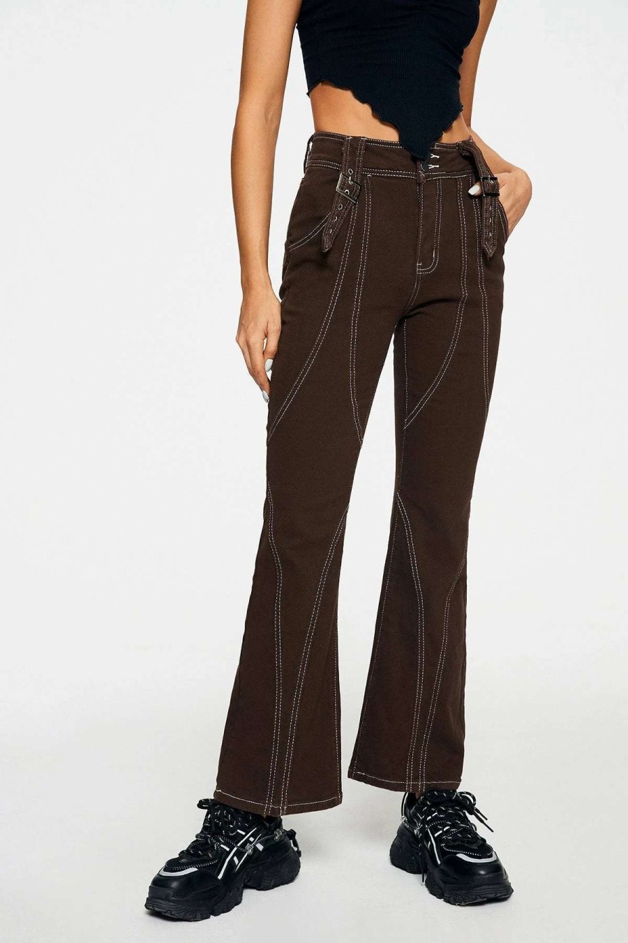 Denim Bottoms * | Solado Low Waist Top-Stitching Buckled Decor Straight Leg Jeans Brown