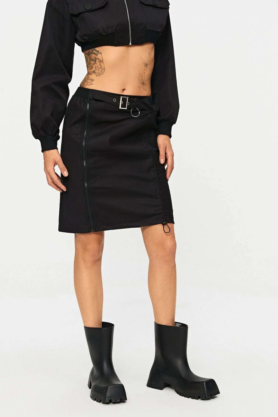 Skirts * | Solado Low Waist Drawstring Ruched Split Hem Mini Skirt With Belt Black