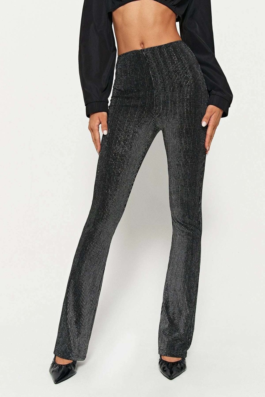 Pants * | Solado High Waist Bronzing Ribbed Flared Pants Black