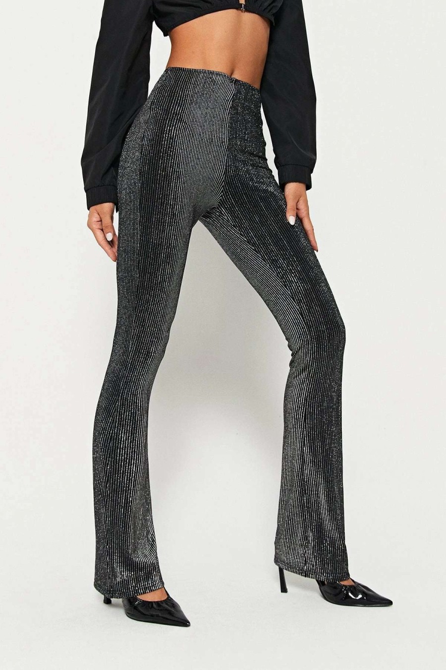 Pants * | Solado High Waist Bronzing Ribbed Flared Pants Black