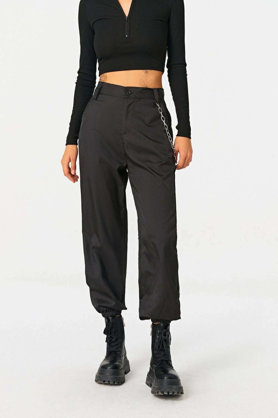 Pants * | Solado High Waist Dual Pocket Chain Decor Cargo Pants Black