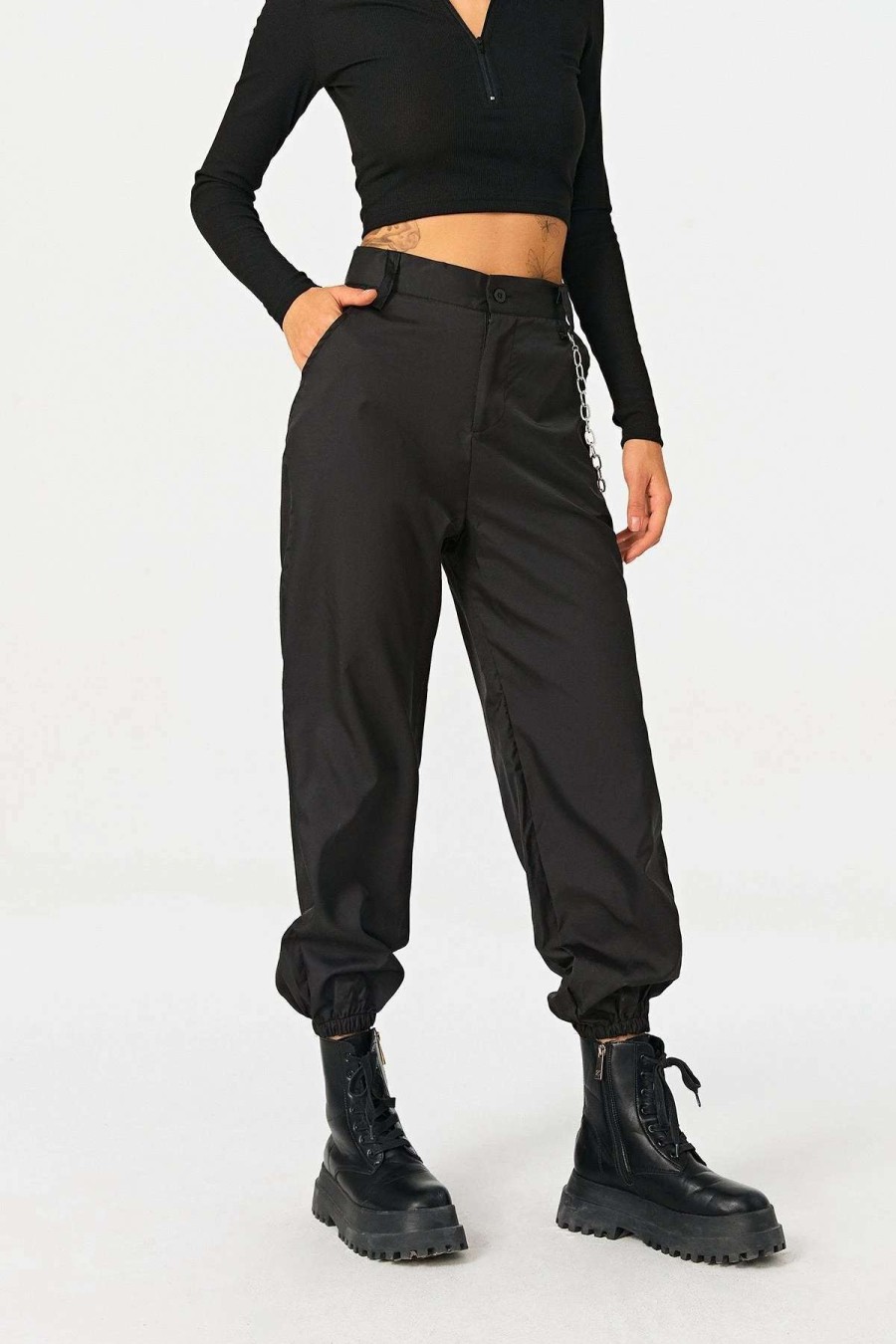 Pants * | Solado High Waist Dual Pocket Chain Decor Cargo Pants Black