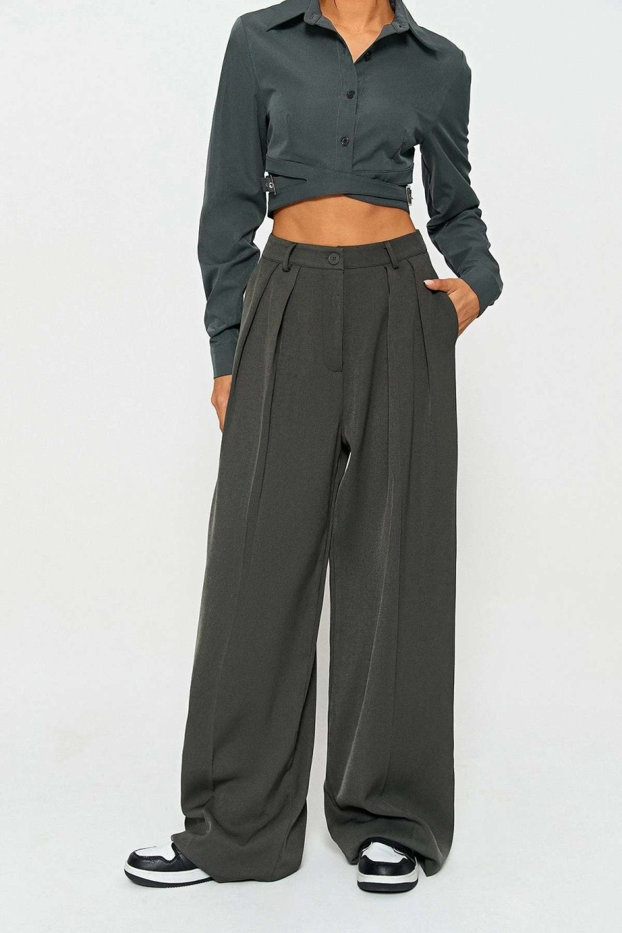 Pants * | Solado High Waist Dual Pocket Draped Suit Pants Dimgray