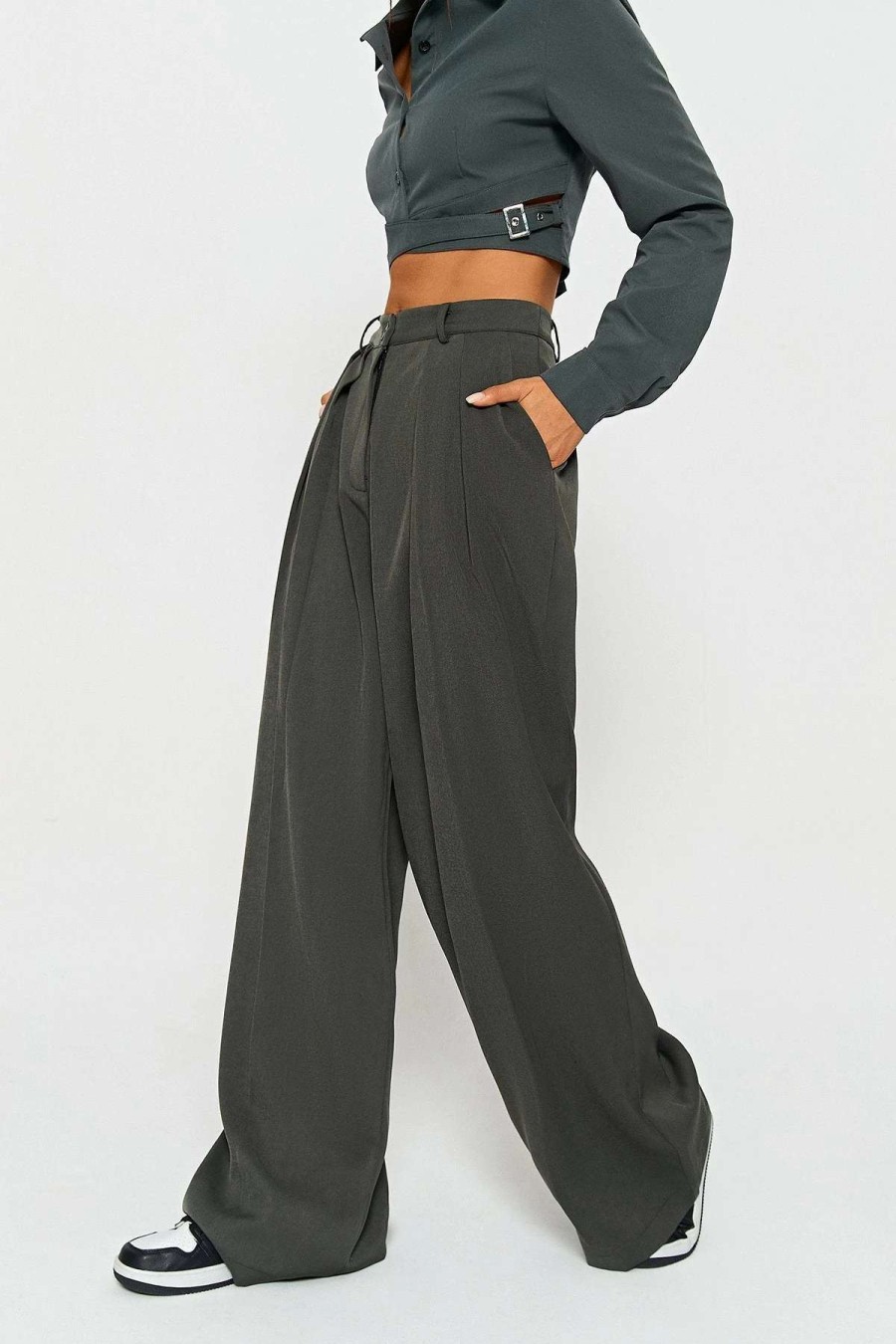 Pants * | Solado High Waist Dual Pocket Draped Suit Pants Dimgray