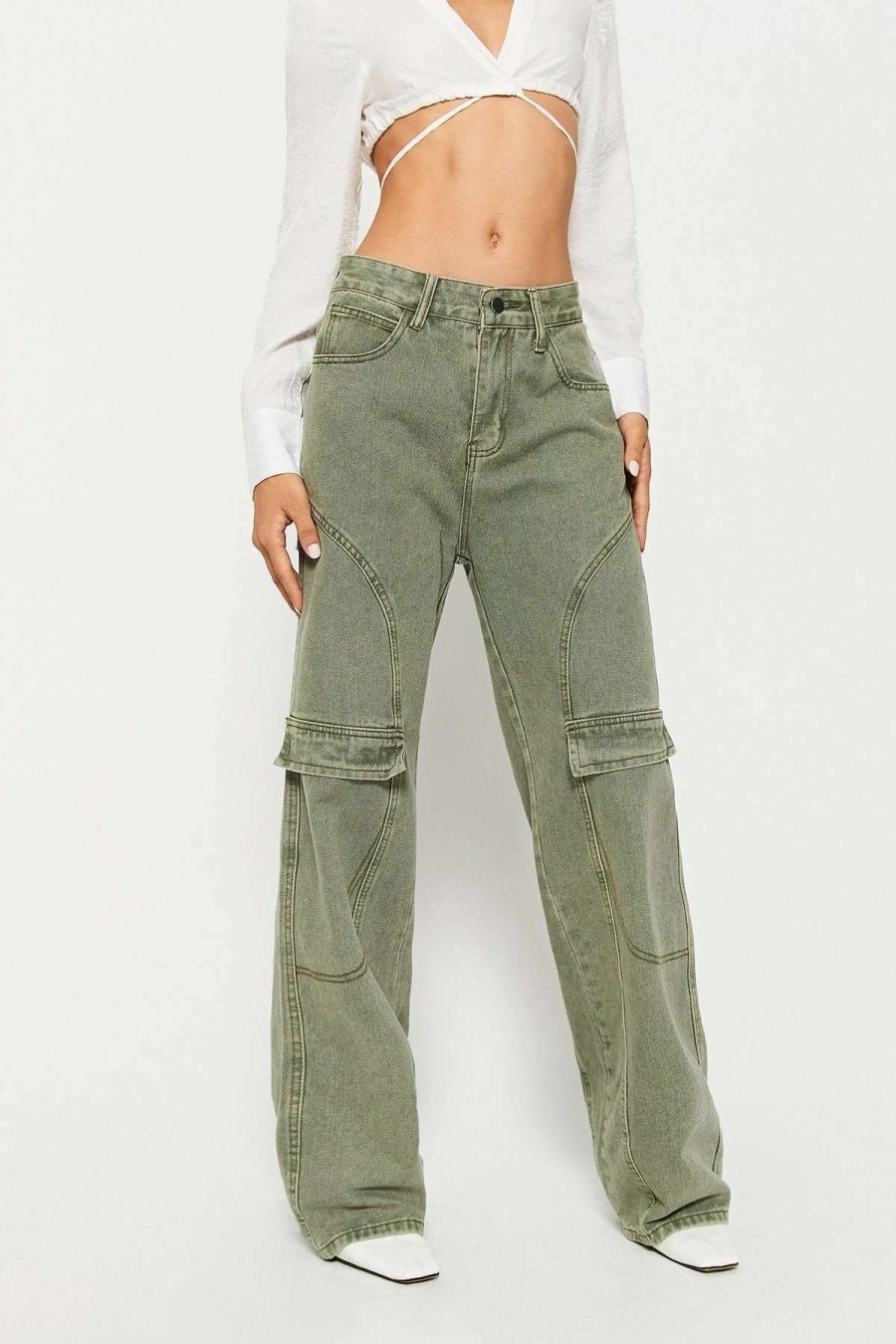 Denim Bottoms * | Solado Low Waist Pocket Patched Distressed Straight Leg Jeans Darkseagreen