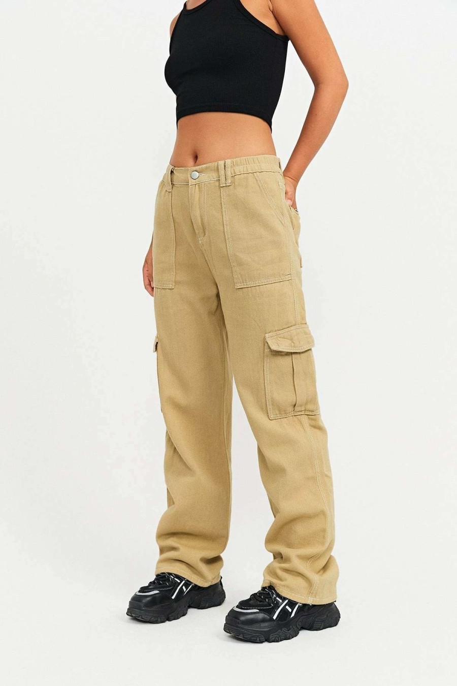 Pants * | Solado High Waist Pocket Patched Solid Cargo Pants Khaki