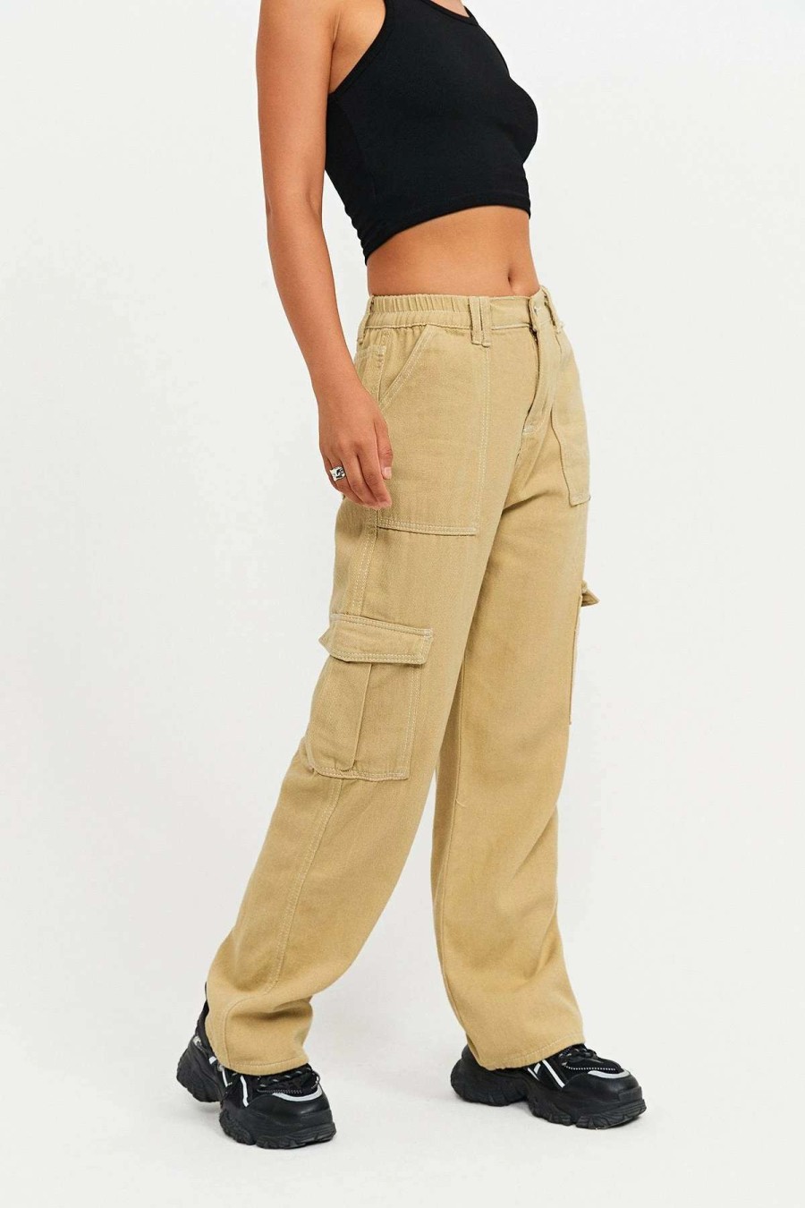 Pants * | Solado High Waist Pocket Patched Solid Cargo Pants Khaki