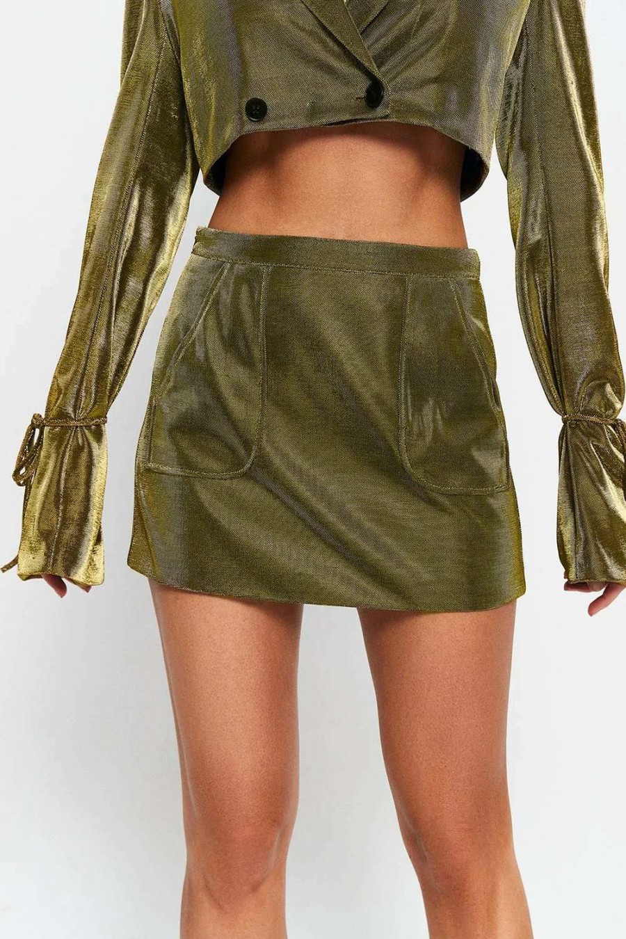 Skirts * | Solado High Waist Dual Pocket Sheen Mini Skirt Olive