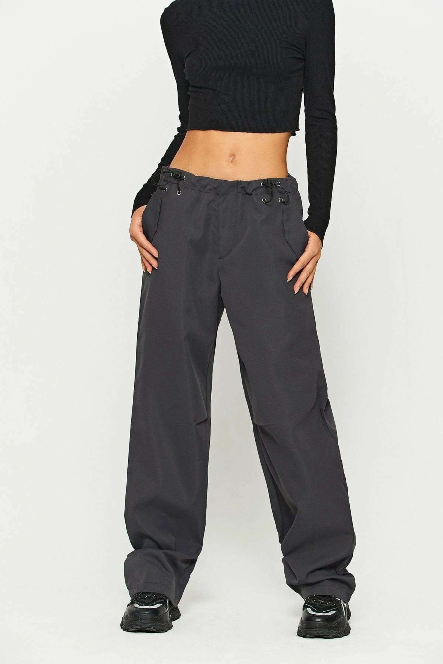 Pants * | Solado Low Waist Drawstring Solid Cargo Pants Gray