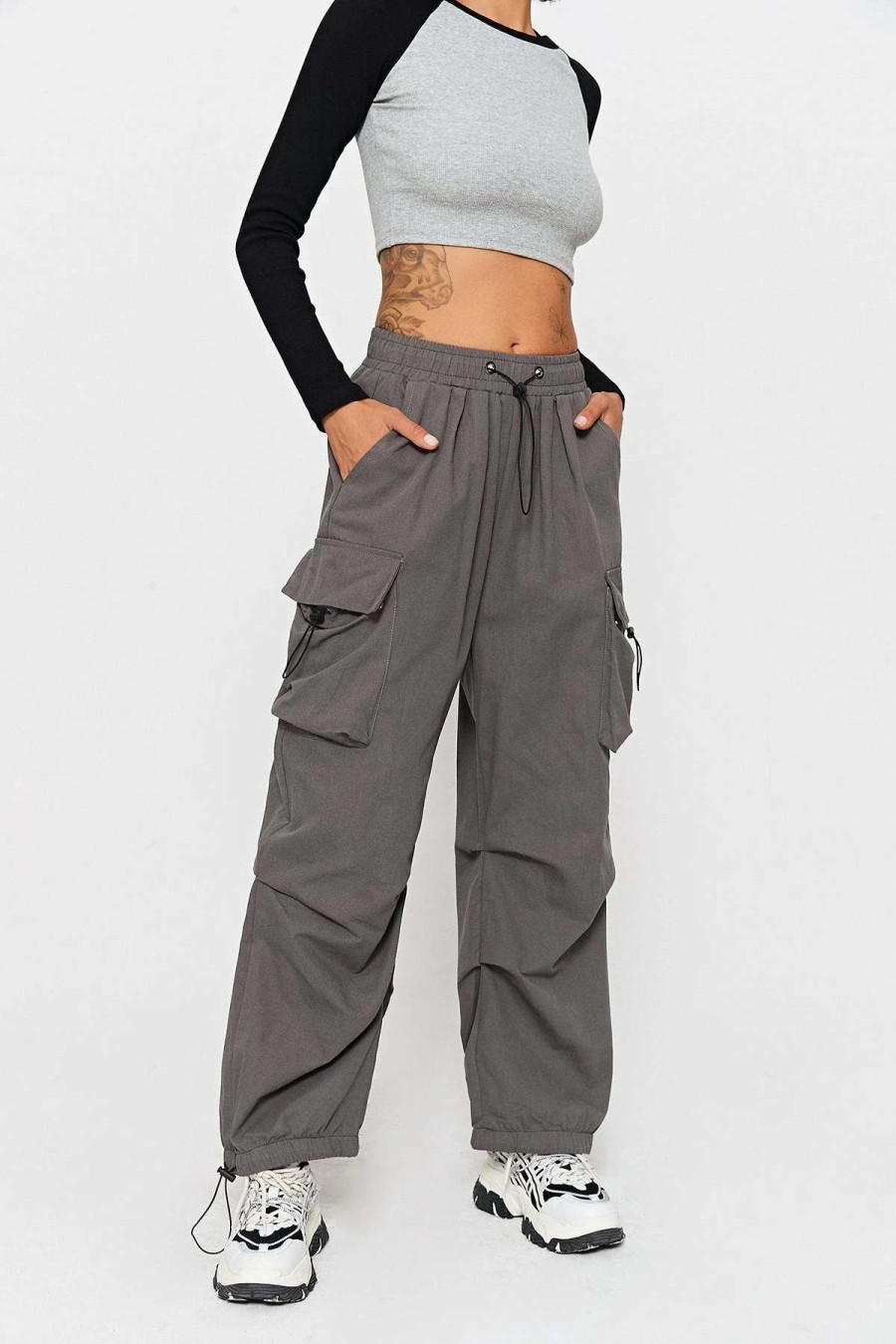 Pants * | Solado Pocket Patched Drawstring Ruched Wide Leg Pants Gray